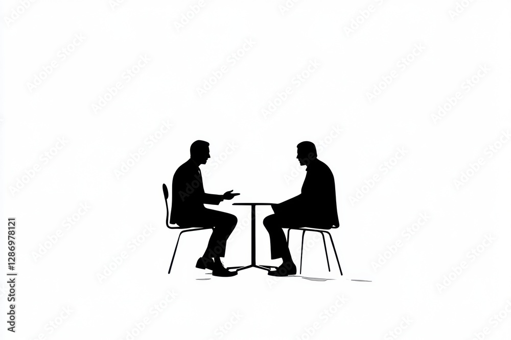 Leinwandbilder two men engaged in a conversation at a table in a minimalistic setting during the day. generative ai