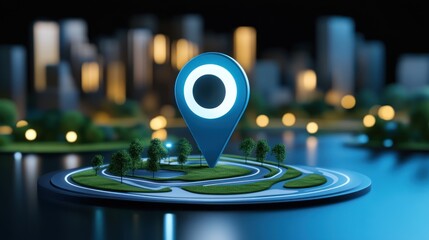 Location Pin on Artificial Island with City Background, Urban Navigation