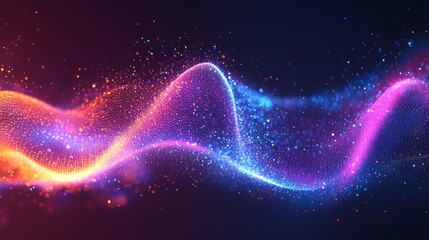 Obraz premium Bright light particles wave. Colorful dots flow background. Abstract design with smooth vibrant lights. Magic shining dust floating. Digital glitter effect on dark.