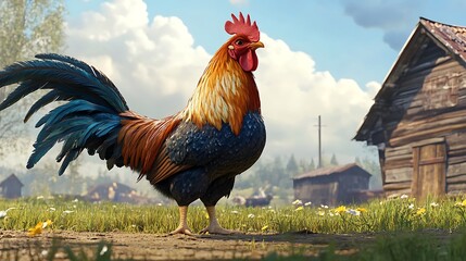 Farmyard Rooster Welcoming the New Day