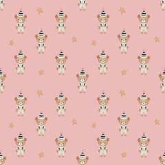 Seamless Cute Pattern with Teddy Bears in Party Hats on a pink Background