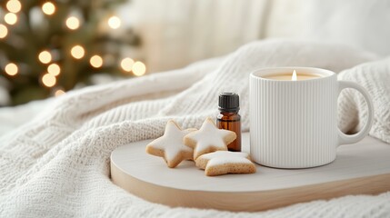 Cozy winter scene with candle, essential oil, and cookies on knitted blanket