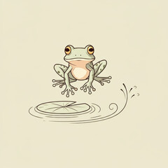 Cheerful frog jumping over lily pad, playful nature illustration