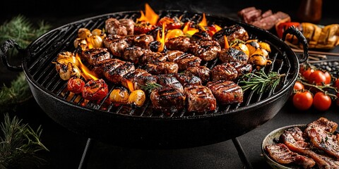 Assorted delicious grilled meat with vegetables over the coals on a barbecue