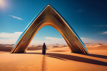 Mirrored Arch in the Desert &ndash; Futuristic Reflective Structure in an Endless Sandscape