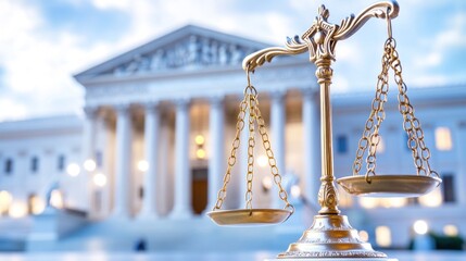 Golden Scales of Justice Against the Supreme Court Building Backdrop
