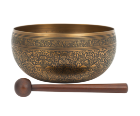 A golden Tibetan singing bowl with a wooden striker, detailed texture. PNG transparent.