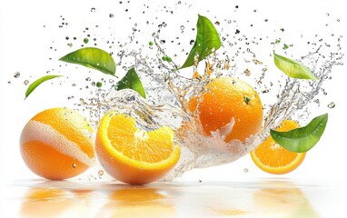 Fresh orange juice splash with whole and sliced oranges on white background