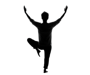 A person standing on one leg in the Tree Pose, arms raised. PNG transparent.