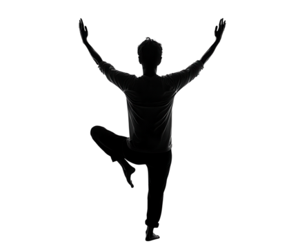 A person standing on one leg in the Tree Pose, arms raised. PNG transparent. - Powered by Adobe