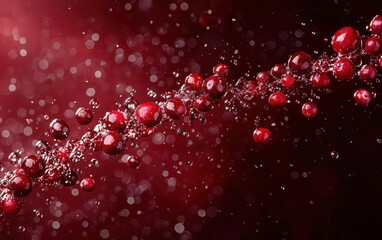 Freshly pressed cranberry juice burst with cranberries on dark red background