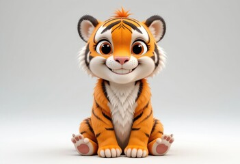 Cute Cartoon Tiger Cub Sitting with a Big Smile on White