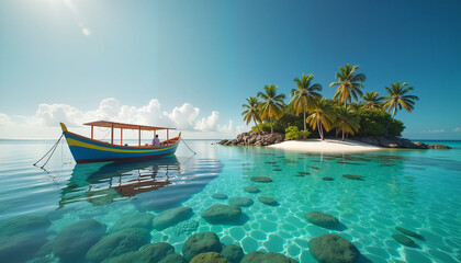 Obraz premium Traditional fishing boat floating near tropical island with clear water