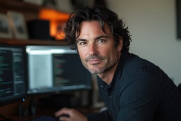 A man with curly hair, wearing a black shirt, sits before computer screens displaying code, possibly a programmer or software developer.