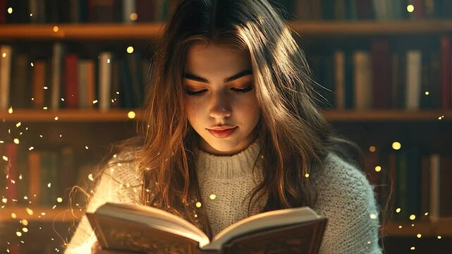 Woman Reading Book in Library with Sparkling Magic