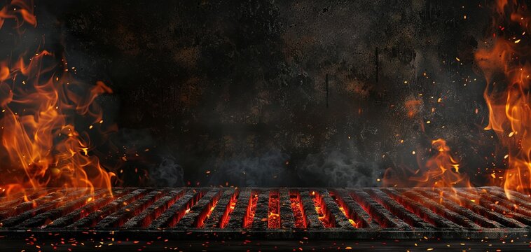 Hot empty portable barbecue BBQ grill with flaming fire and ember charcoal on black background