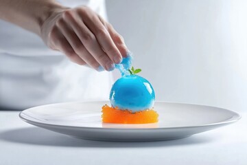 Chef delicately placing finishing touches on a vibrant blue sphere dessert, resting on an orange base.