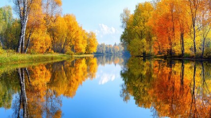 Fototapeta premium Autumn trees reflected in calm river; scenic fall foliage mirrored in water; tranquil landscape; perfect for wallpaper or screen saver