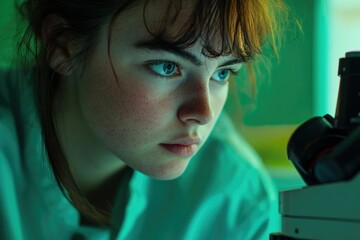 A young woman with freckles, intense blue eyes, gazes intently through a microscope, engrossed in scientific exploration.