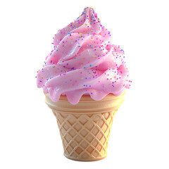 Fluffy 3D Cartoon Pink Ice Cream Cone with Sprinkles Isolated on Transparent Background