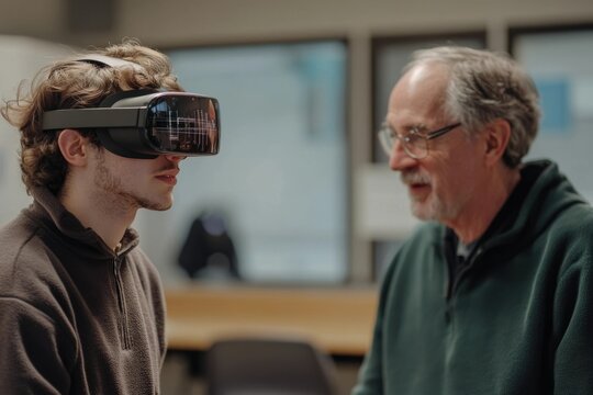 A young man wearing a VR headset is guided by an older man, showcasing virtual reality technology. - Powered by Adobe