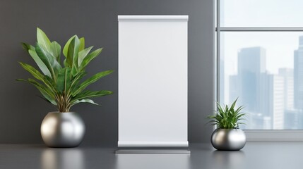 Blank Roll Up Banner Mockup with Potted Plants and City View