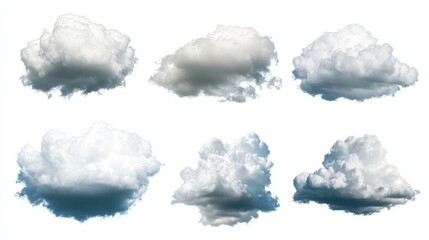 A collection of various fluffy clouds in different shapes, showcasing their soft, white textures against a clear background.