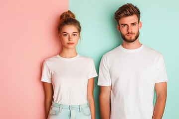 Fototapeta premium Two people in white t-shirts, standing next to each other. T-shirt fashion concept.