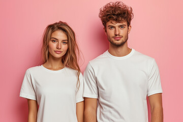 Fototapeta premium Two people in white t-shirts, standing next to each other. T-shirt fashion concept.