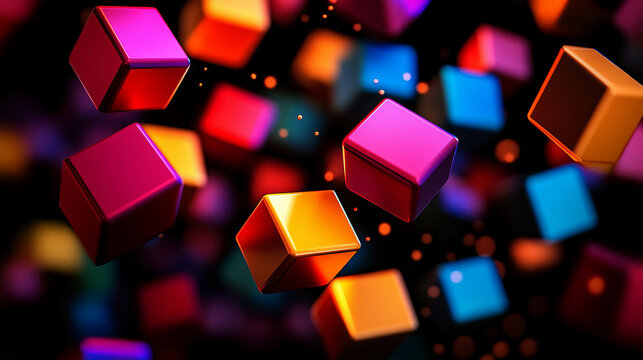 Vibrant abstract background with falling rotating colorful cubes