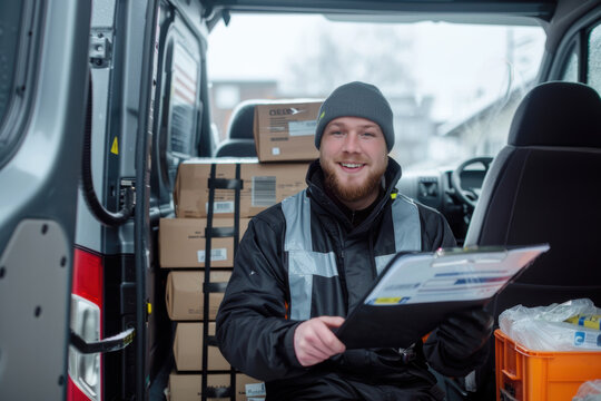 Delivery Driver Organizing Parcels in Van for Efficient Package Distribution