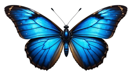 "A single blue butterfly with open wings, showing intricate patterns and vibrant shades, placed on a pure white background"