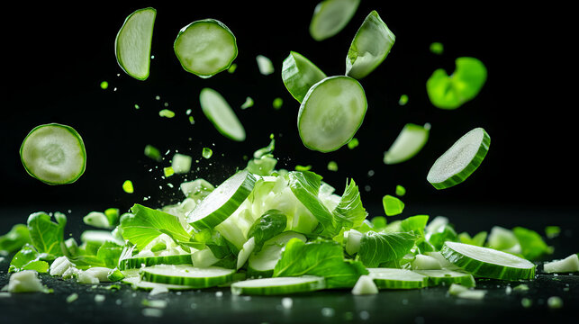 Fresh sliced kohlrabi on black background with falling pieces for culinary design - Powered by Adobe