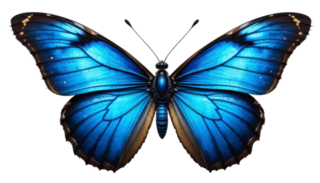 "A single blue butterfly with open wings, showing intricate patterns and vibrant shades, placed on a pure white background"