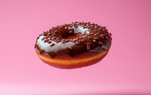 Hovering chocolate donut with icing on a hot pink background - Powered by Adobe