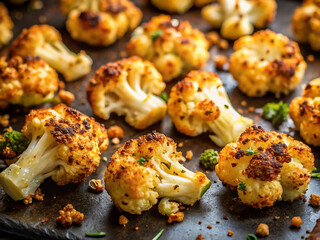 A close-up of roasted cauliflower, seasoned with herbs and spices, placed on a dark surface. The cauliflower has a golden-brown hue, indicating it has been roasted to perfection. The herbs, likely par