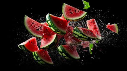 Vibrant sliced watermelons in motion with splash effect on black background
