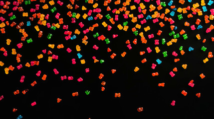 Colorful falling gummy bears on black background for fun and festive designs