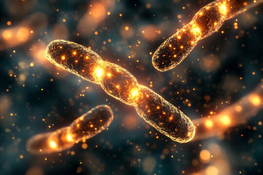 Elegant visualization of human chromosome glowing surreal bioluminescent field intricate pattern of base pair natural ambient lighting photo realistic texture golden hue overlay symmetrical alignment