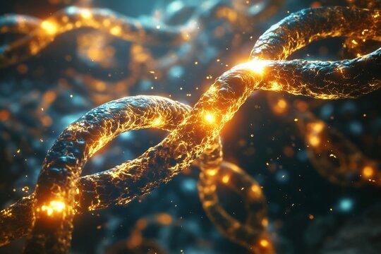 Elegant visualization of human chromosome glowing surreal bioluminescent field intricate pattern of base pair natural ambient lighting photo realistic texture golden hue overlay symmetrical alignment