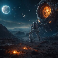 An Astronaut Discovering an Alien Ruin on a Distant Planet, Surrounded by Glowing Symbols &ndash; A mysterious and thrilling space adventure.