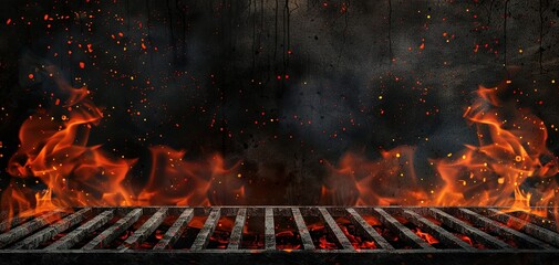 Hot empty portable barbecue BBQ grill with flaming fire and ember charcoal on black background