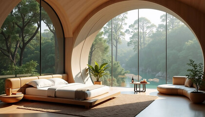 Fototapeta premium A bedroom with a large bed adorned with pillows, a side table with a bottle and other objects, and a large window that offers a view of the lush greenery of trees and the sky.