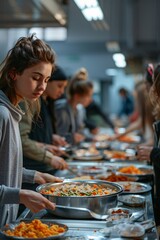 Fototapeta premium A group of volunteers is focused on preparing and serving meals in a community kitchen. They are working efficiently, providing food for those in need during a busy evening shift
