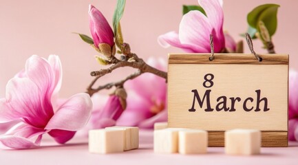 Magnolia flowers celebrating women's day on march 8th with wooden calendar