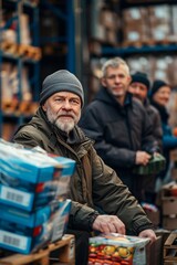 A group of volunteers participates in food sorting at a community pantry. Their expressions show focus and determination as they organize supplies for local families in need