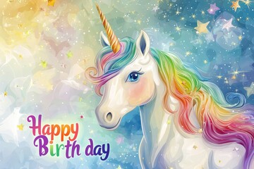 Whimsical Birthday Card with Magical Unicorn and Rainbow Mane for a Fantasy Celebration