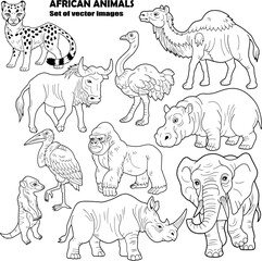 wild african animals, set of outline images