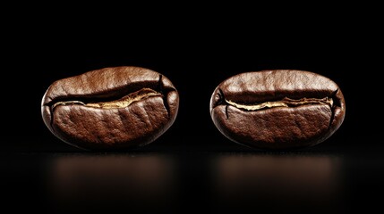 Two glossy coffee beans are displayed against a dark background, showcasing their rich texture and color.