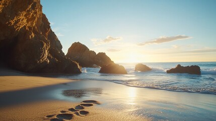 Sunset beach footprints, ocean rocks. Travel brochure